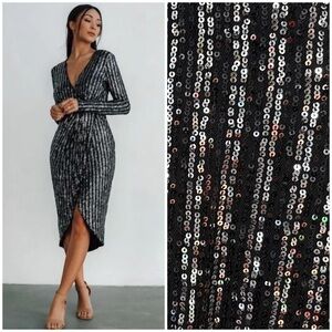 NWT Baltic Born Poland Sequin Midi Wrap Dress 3X Black Silver Evening Cocktail